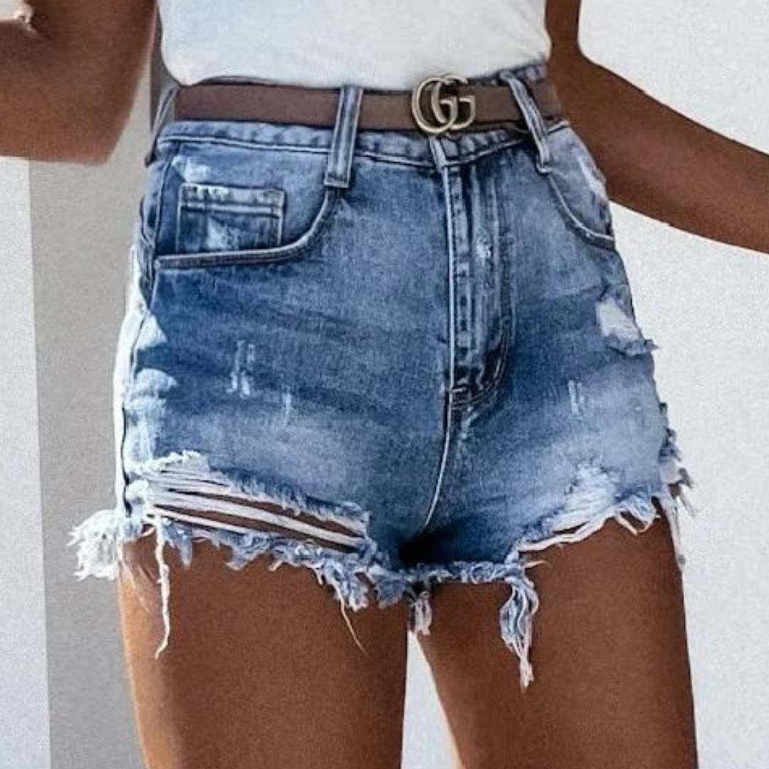 Denis - High Waist Worn Denim Short mit Fransen