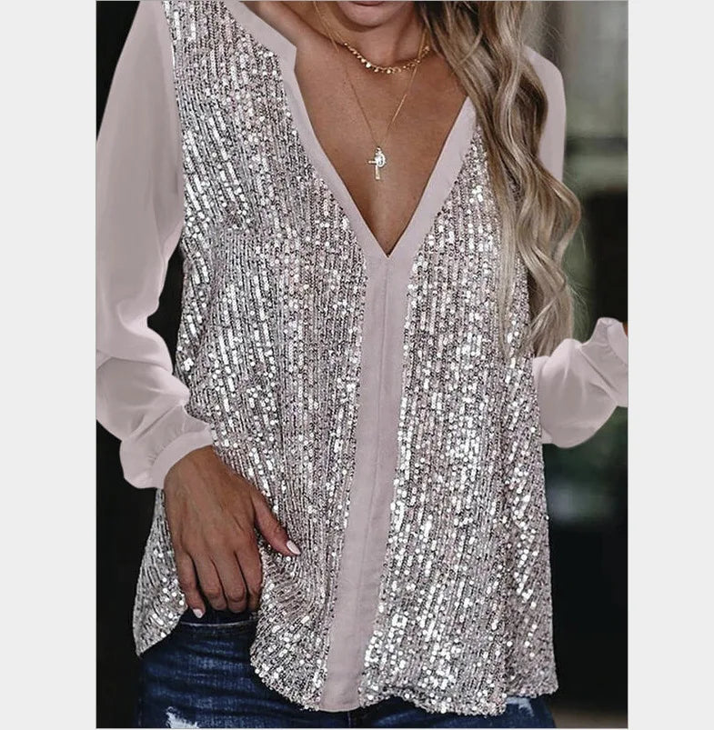 Vera | Locker sitzende Bluse mit V-Ausschnitt und Pailletten für Frauen