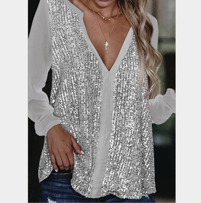 Vera | Locker sitzende Bluse mit V-Ausschnitt und Pailletten für Frauen